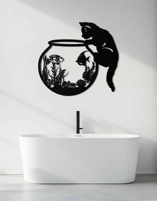 Load image into Gallery viewer, Curious Cat and Fishbowl Metal Wall Art - Playful Geometric Steel Decor - KAF135
