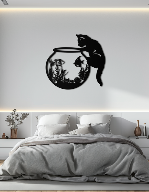 Load image into Gallery viewer, Curious Cat and Fishbowl Metal Wall Art - Playful Geometric Steel Decor - KAF135
