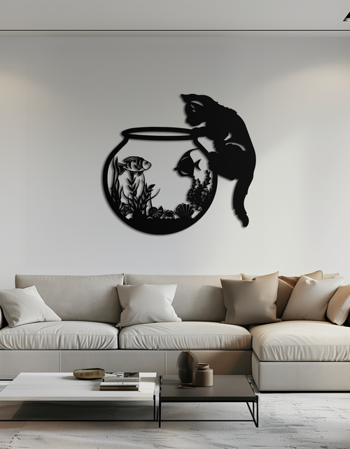 Load image into Gallery viewer, Curious Cat and Fishbowl Metal Wall Art - Playful Geometric Steel Decor - KAF135
