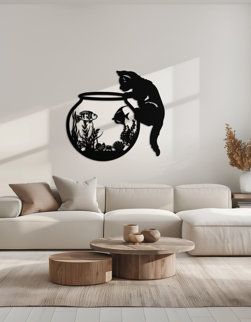Load image into Gallery viewer, Curious Cat and Fishbowl Metal Wall Art - Playful Geometric Steel Decor - KAF135
