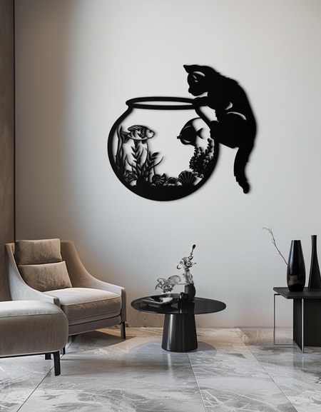 Meraklı Kedi ve Balık Havuzu Metal Duvar Sanatı - Eğlenceli Geometrik Çelik Dekor - KAF135