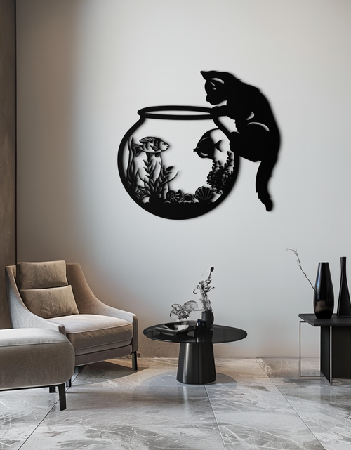 Load image into Gallery viewer, Curious Cat and Fishbowl Metal Wall Art - Playful Geometric Steel Decor - KAF135
