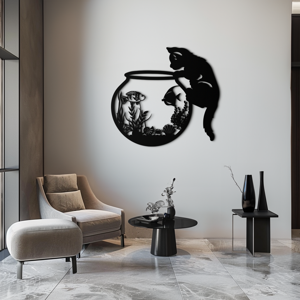 Curious Cat and Fishbowl Metal Wall Art - Playful Geometric Steel Decor - KAF135
