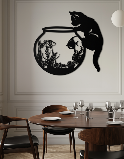 Load image into Gallery viewer, Curious Cat and Fishbowl Metal Wall Art - Playful Geometric Steel Decor - KAF135

