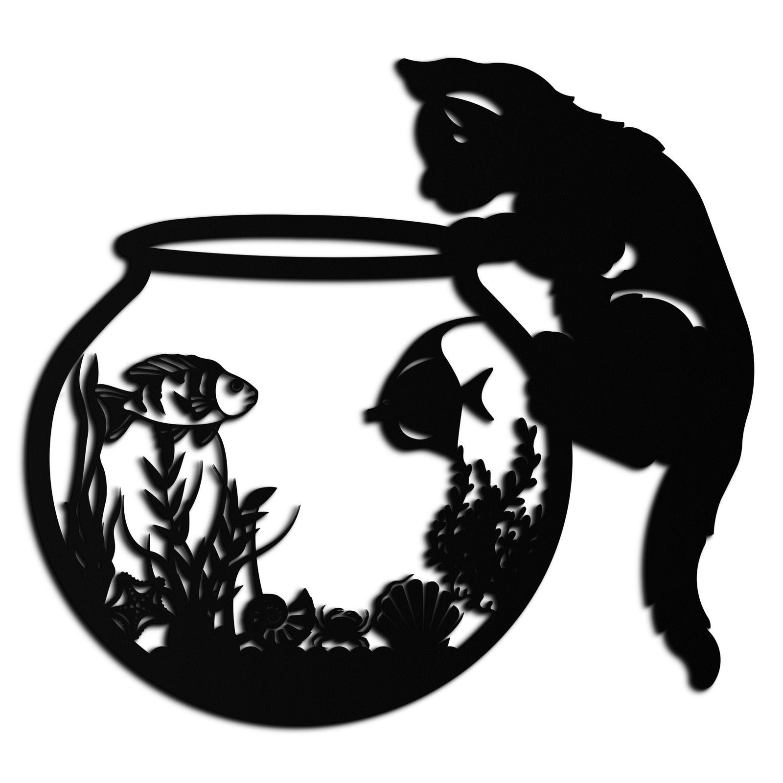 Curious Cat and Fishbowl Metal Wall Art - Playful Geometric Steel Decor - KAF135