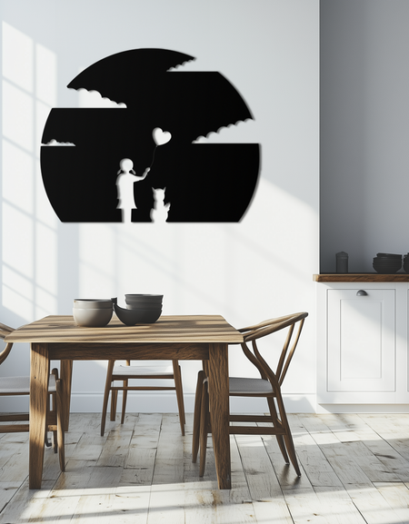 Kalp Balon Kız ve Kedi Metal Duvar Sanatı - Tuhaf Çelik Dekor - KAF140 