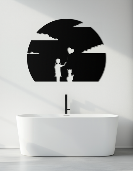 Kalp Balon Kız ve Kedi Metal Duvar Sanatı - Tuhaf Çelik Dekor - KAF140 