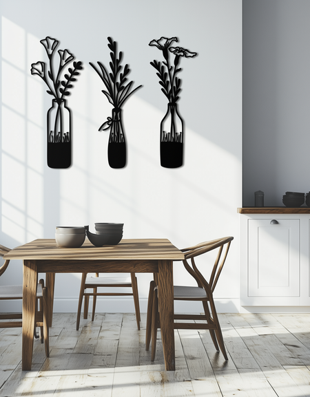 Rustik Çiçekli Şişe Metal Duvar Sanatı - Zarif Vazo ve Çiçek Çelik Dekor - KAF142 