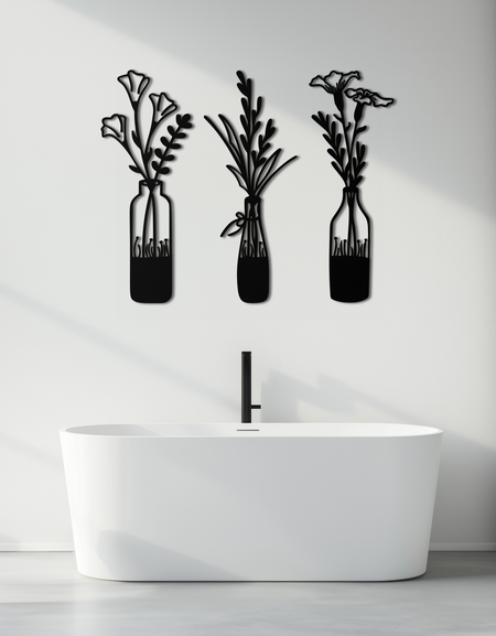 Rustik Çiçekli Şişe Metal Duvar Sanatı - Zarif Vazo ve Çiçek Çelik Dekor - KAF142 