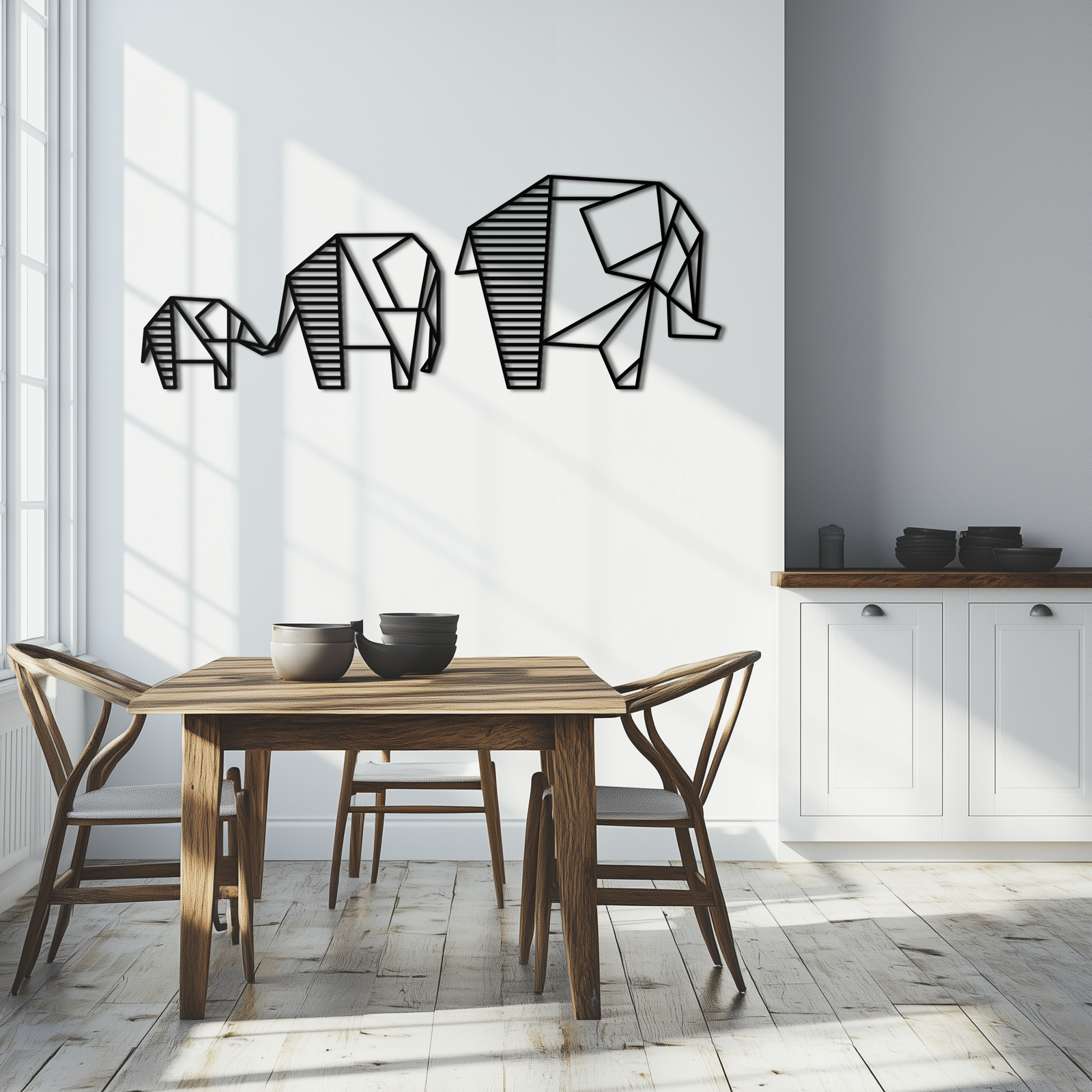 Geometrik Fil Ailesi Metal Duvar Sanatı - Modern Minimalist Dekor- KAF166