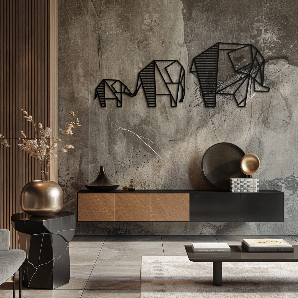 Geometrik Fil Ailesi Metal Duvar Sanatı - Modern Minimalist Dekor- KAF166