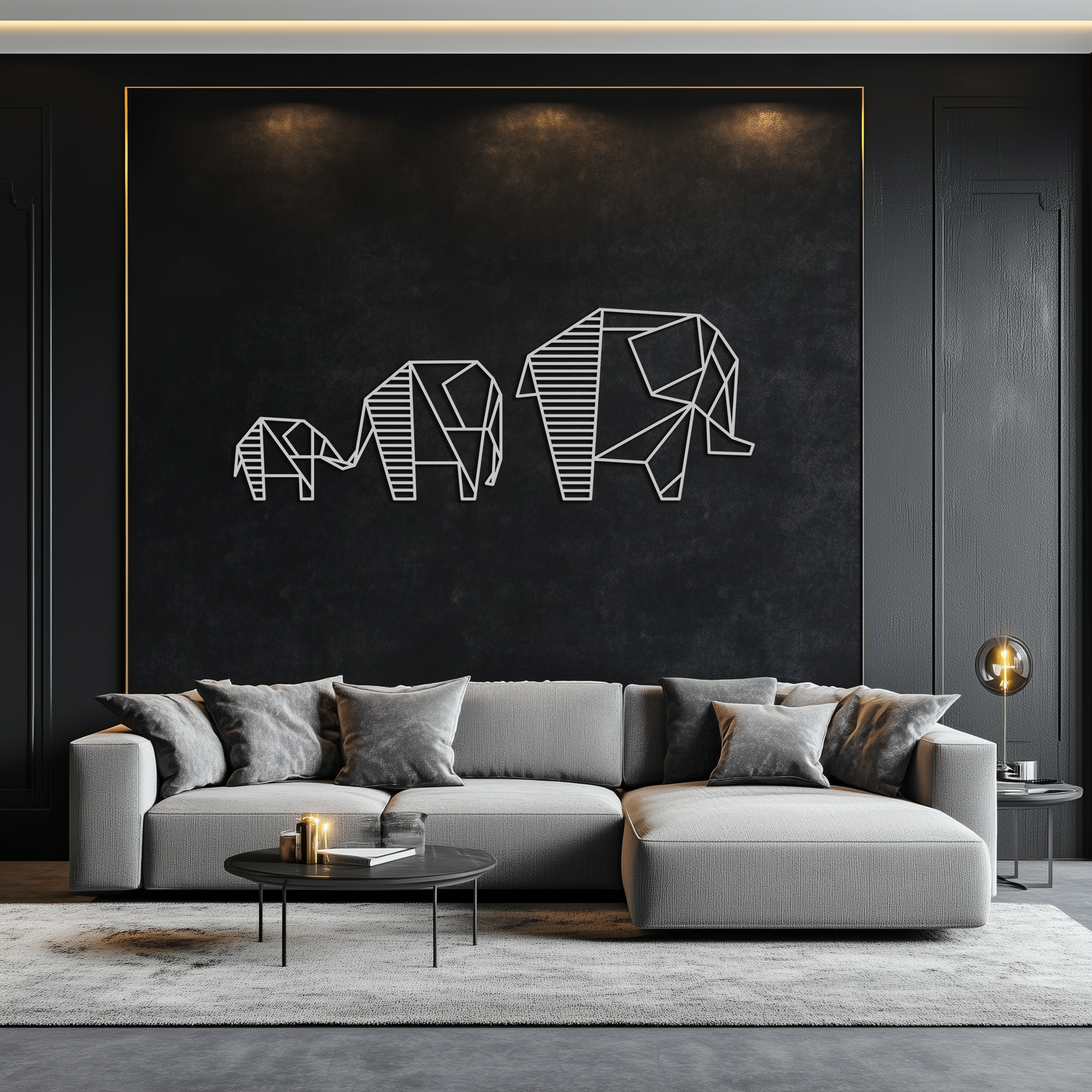 Geometrik Fil Ailesi Metal Duvar Sanatı - Modern Minimalist Dekor- KAF166