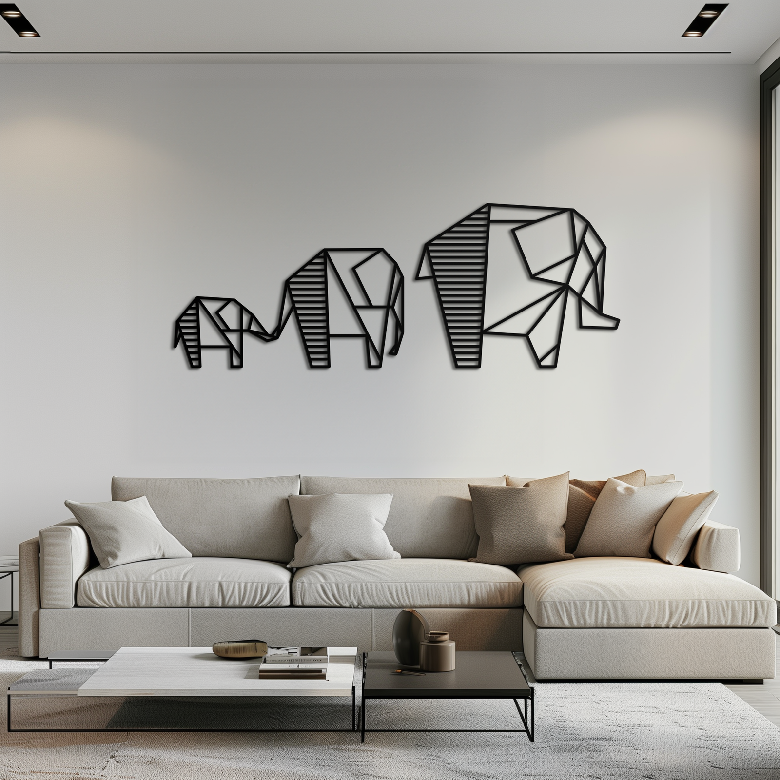 Geometrik Fil Ailesi Metal Duvar Sanatı - Modern Minimalist Dekor- KAF166