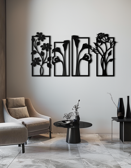 Floral Metal Wall Art - Elegant Botanical Panel Set- KAF167
