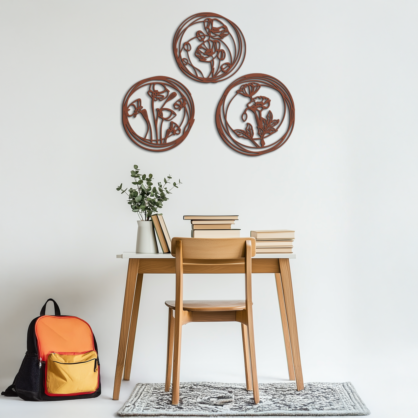 Floral Trio Metal Wall Art - Modern Botanical Circle Wall Decor- KAF168