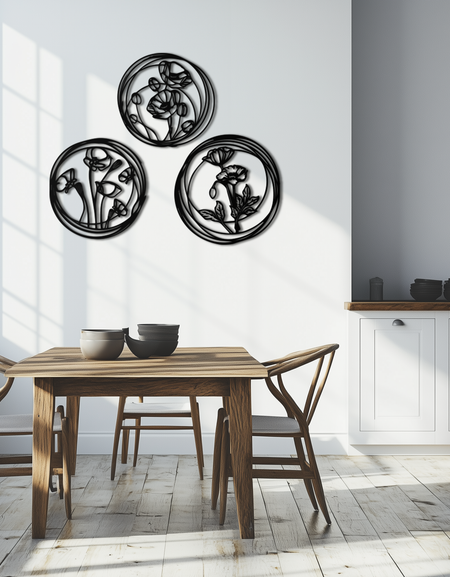 Floral Trio Metal Wall Art - Modern Botanical Circle Wall Decor- KAF168