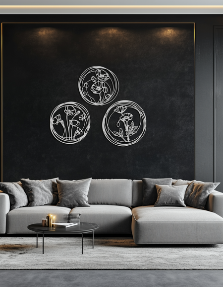 Floral Trio Metal Wall Art - Modern Botanical Circle Wall Decor- KAF168