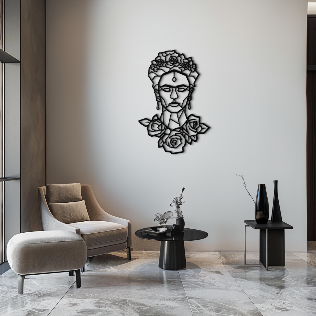 Frida Kahlo Metal Duvar Sanatı - Geometrik Çiçekli Portre- KAF174