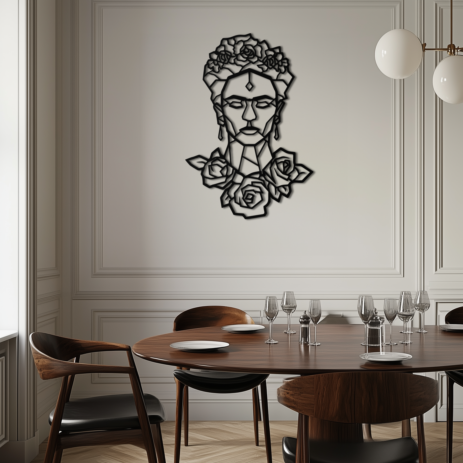 Frida Kahlo Metal Duvar Sanatı - Geometrik Çiçekli Portre- KAF174