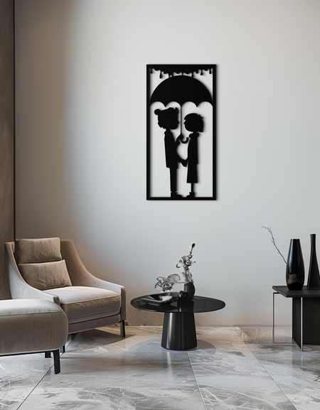 Şemsiye Altında Romantik Çift Metal Duvar Sanatı - Aşk ve Yağmurdan Esinlenen Dekor - KAF199