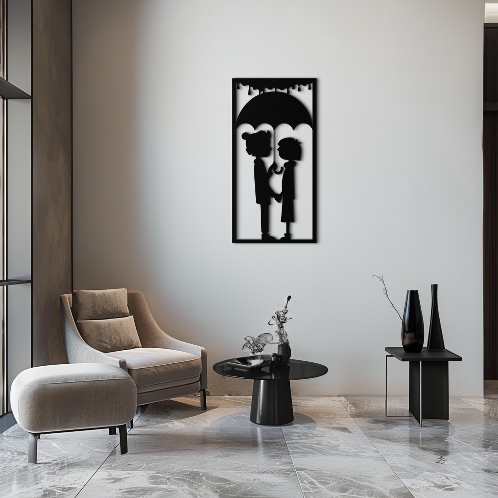 Romantic Couple Under Umbrella Metal Wall Art - Love & Rain-Inspired Decor - KAF199