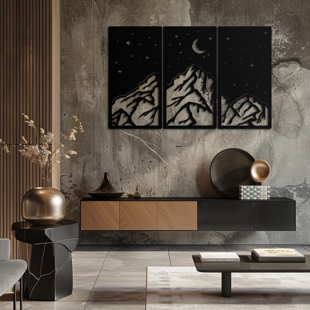 Dağ Gece Manzarası Metal Duvar Sanatı - 3 Panel Modern Duvar Dekoru - KAF202
