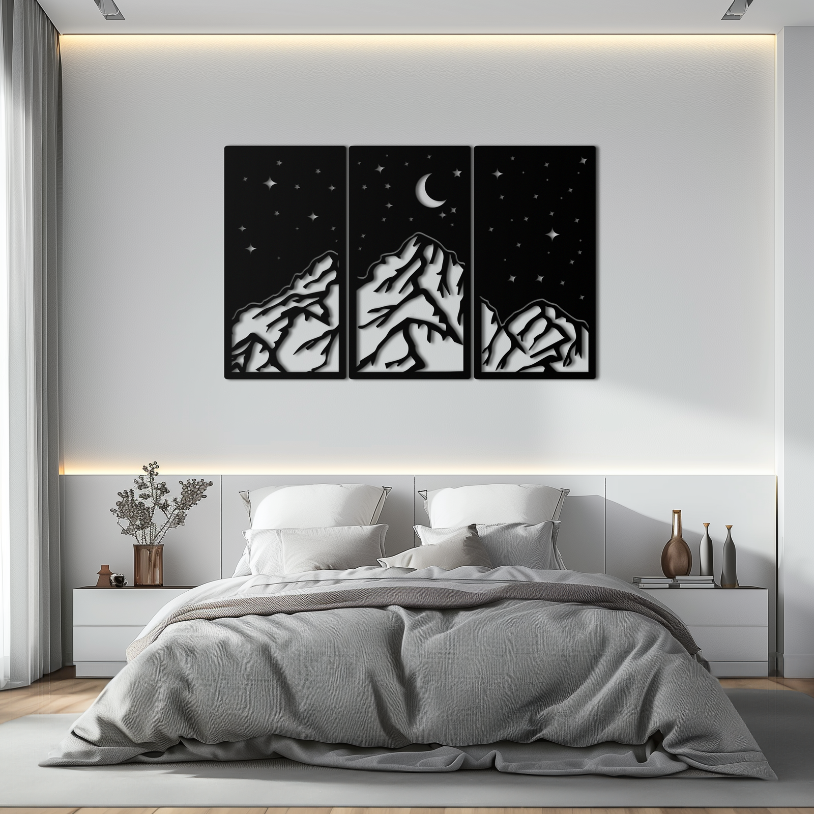 Dağ Gece Manzarası Metal Duvar Sanatı - 3 Panel Modern Duvar Dekoru - KAF202