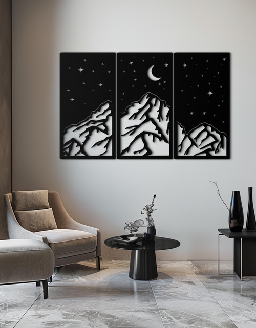 Resmi Galeri görüntüleyicisine yükleyin, Dağ Gece Manzarası Metal Duvar Sanatı - 3 Panel Modern Duvar Dekoru - KAF202
