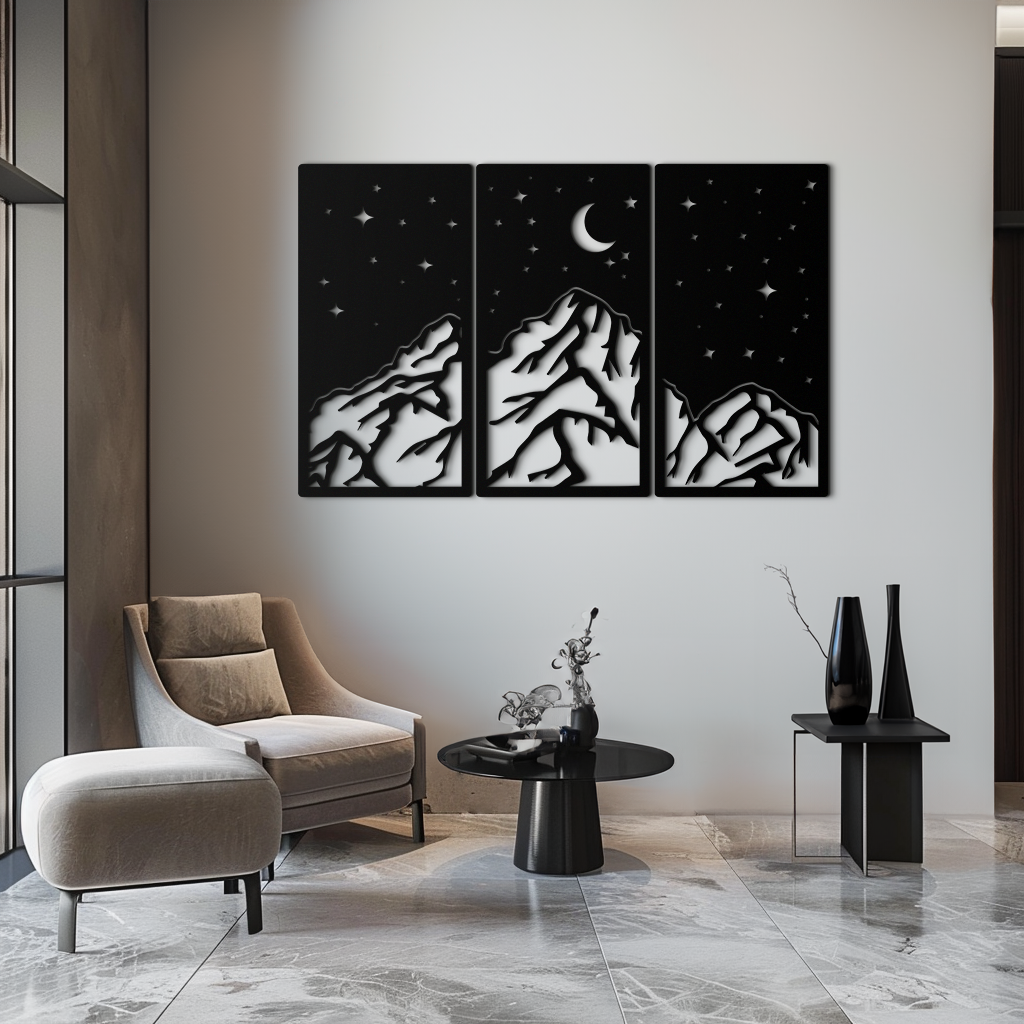 Dağ Gece Manzarası Metal Duvar Sanatı - 3 Panel Modern Duvar Dekoru - KAF202