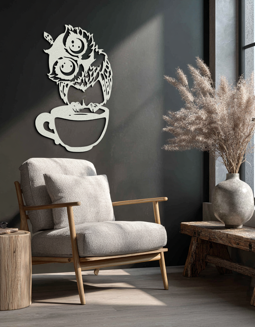 Resmi Galeri görüntüleyicisine yükleyin, Kahve Kupasında Uykucu Baykuş - Kahve Severler ve Gece Baykuşları için Tuhaf Metal Duvar Sanatı - KAF208
