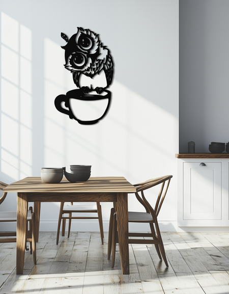 Kahve Kupasında Uykucu Baykuş - Kahve Severler ve Gece Baykuşları için Tuhaf Metal Duvar Sanatı - KAF208