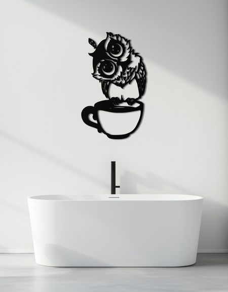 Kahve Kupasında Uykucu Baykuş - Kahve Severler ve Gece Baykuşları için Tuhaf Metal Duvar Sanatı - KAF208