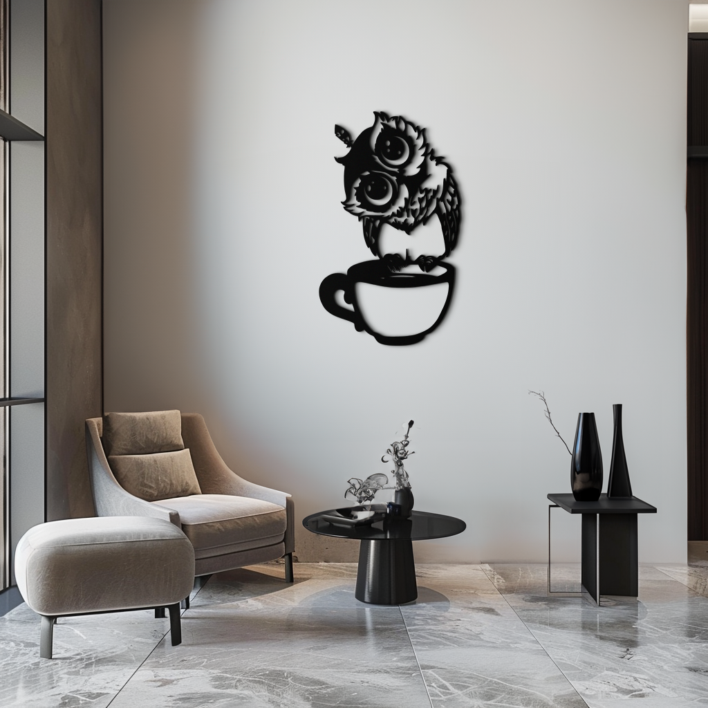 Sleepy Owl in Coffee Cup - Quirky Metal Wall Art for Coffee Lovers & Night Owls - KAF208