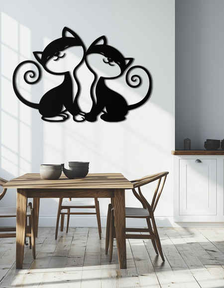 Romantik Kedi Çifti Metal Duvar Sanatı - Zarif Kedi Silueti Dekoru - KAF209