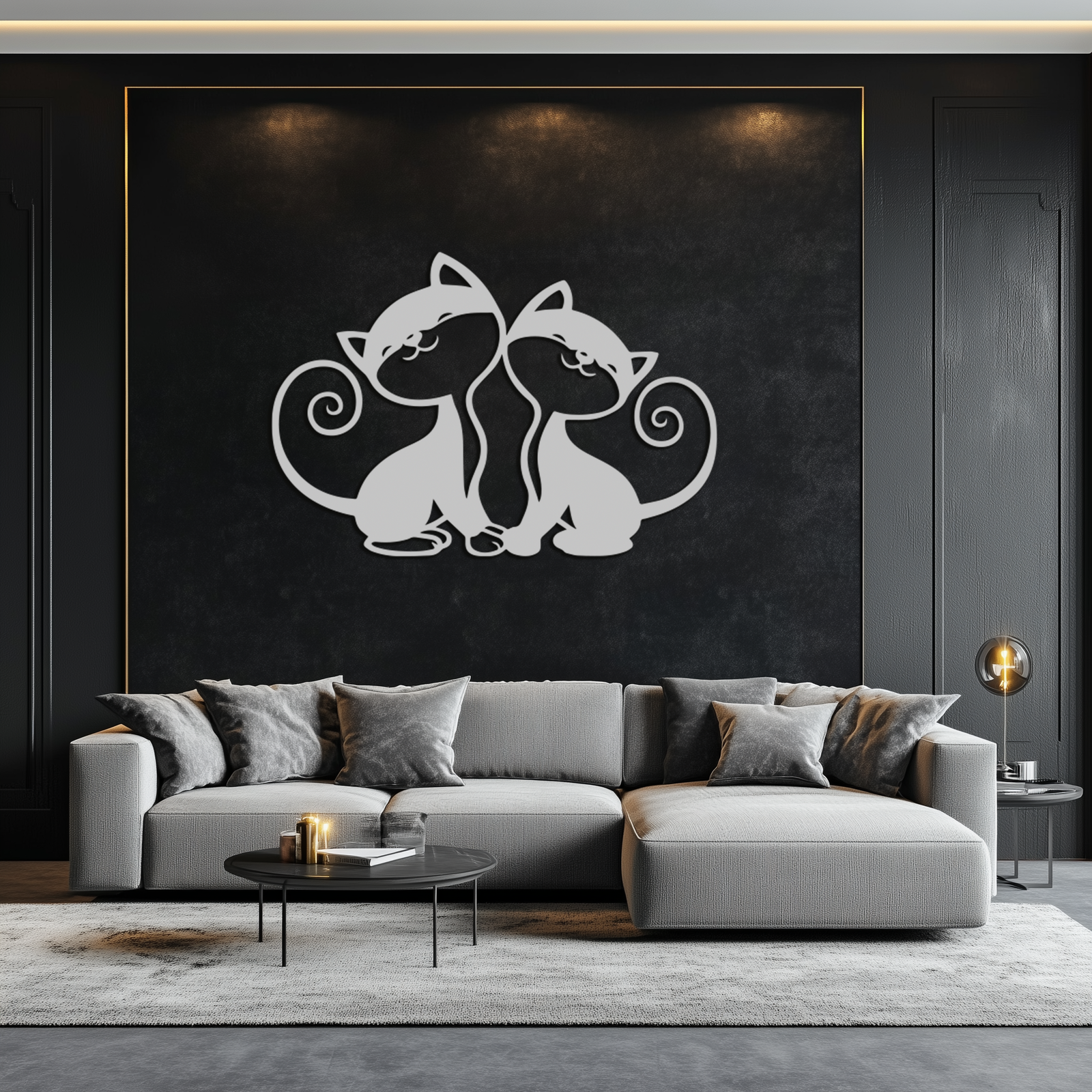 Romantic Cat Couple Metal Wall Art - Elegant Feline Silhouette Decor - KAF209