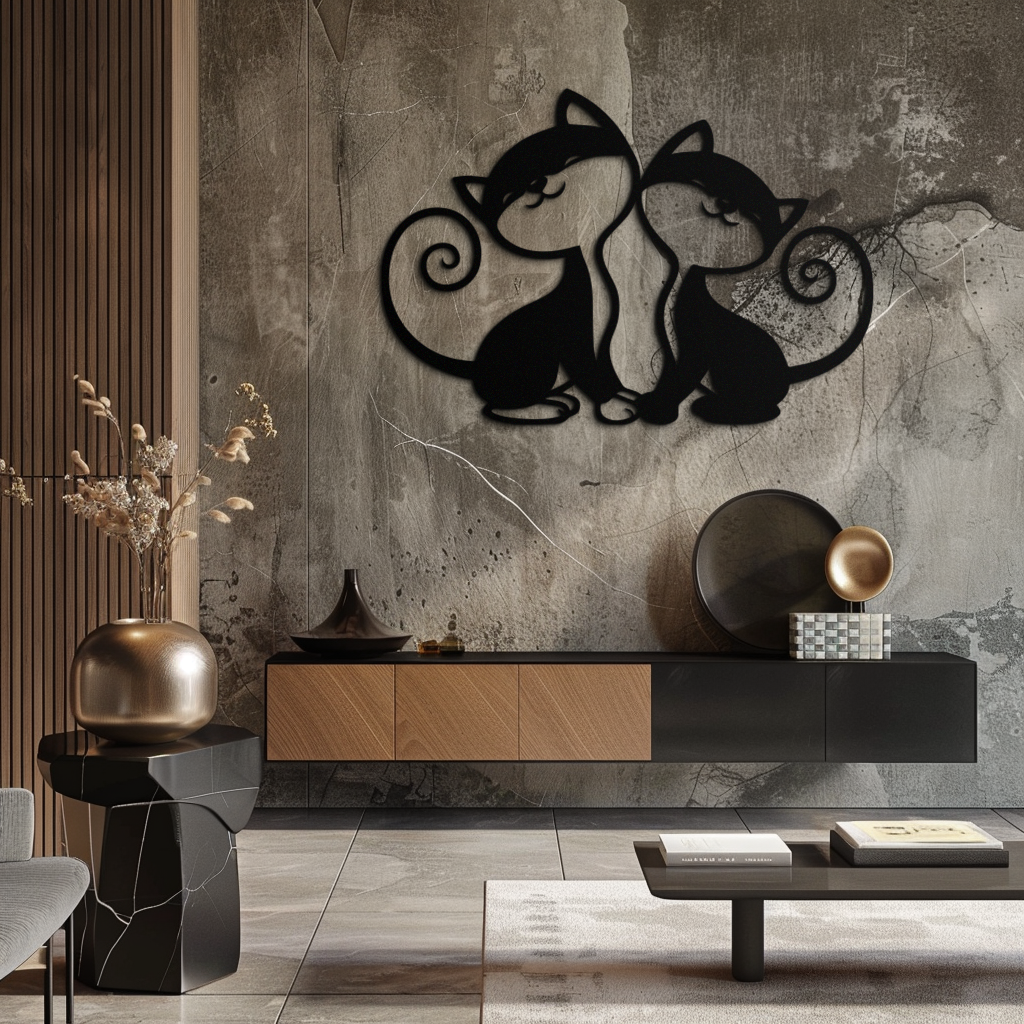 Romantic Cat Couple Metal Wall Art - Elegant Feline Silhouette Decor - KAF209