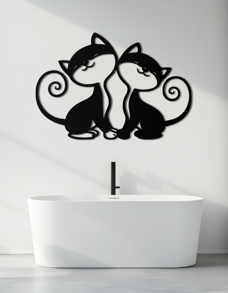 Romantik Kedi Çifti Metal Duvar Sanatı - Zarif Kedi Silueti Dekoru - KAF209