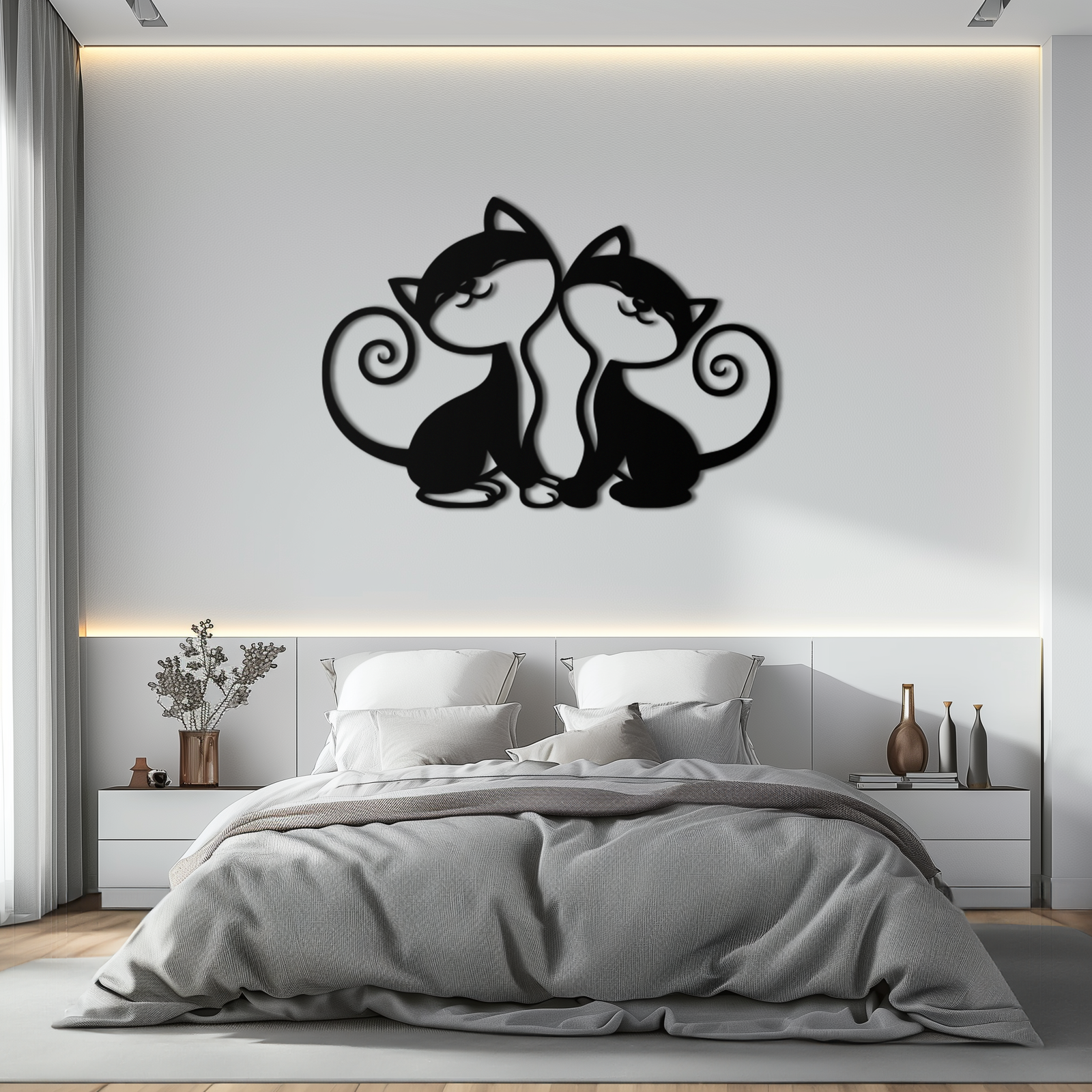 Romantic Cat Couple Metal Wall Art - Elegant Feline Silhouette Decor - KAF209