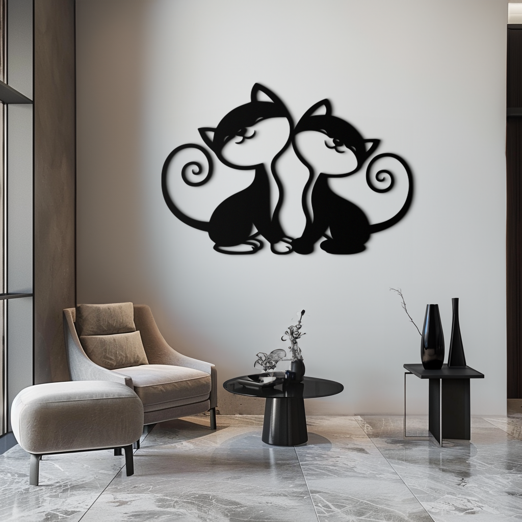 Romantic Cat Couple Metal Wall Art - Elegant Feline Silhouette Decor - KAF209