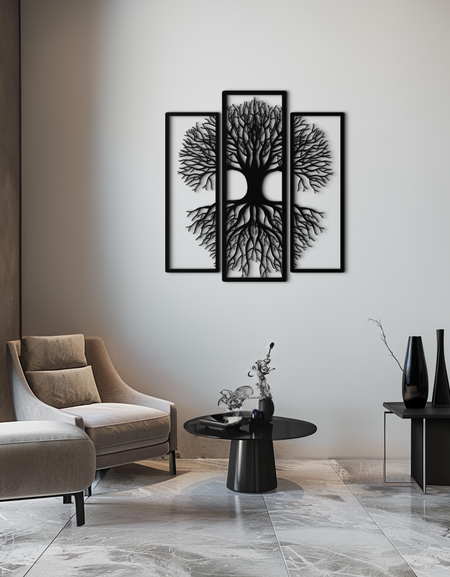 Hayat Ağacı Metal Duvar Sanatı – 3 Panelli Doğa Dekoru - KAF214
