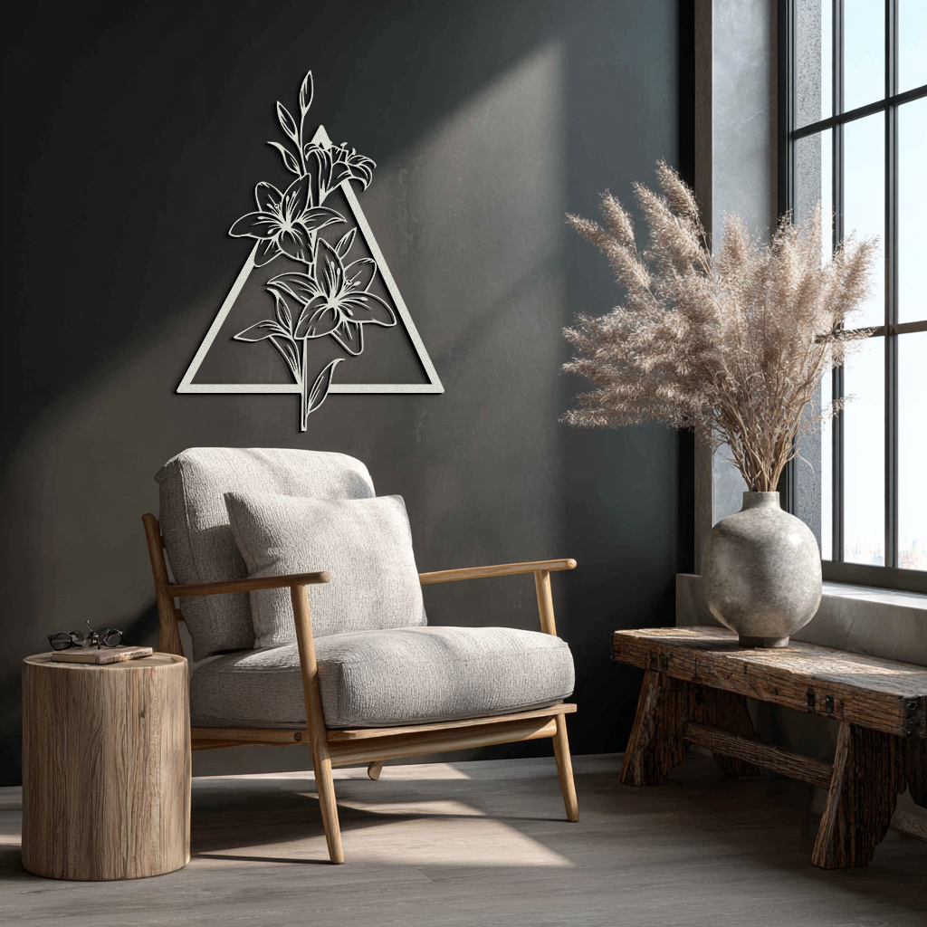 Çiçekli Geometrik Metal Duvar Sanatı – Zarif Zambak Tasarımı - KAF215