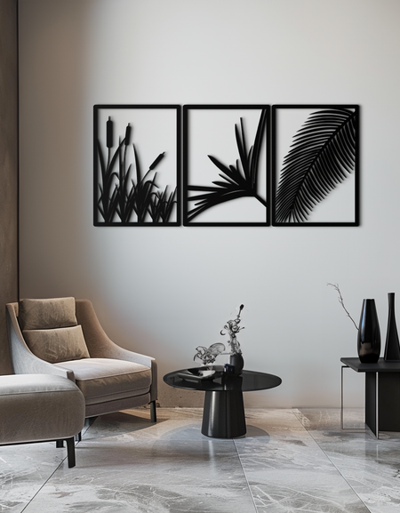 Tropikal Metal Duvar Sanatı – 3 Panelli Botanik Tasarım - KAF216