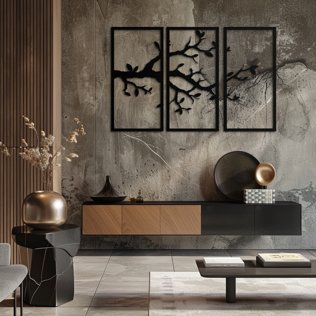 Branch Metal Duvar Sanatı – 3 Panel Minimalist Ağaç Tasarımı - KAF218