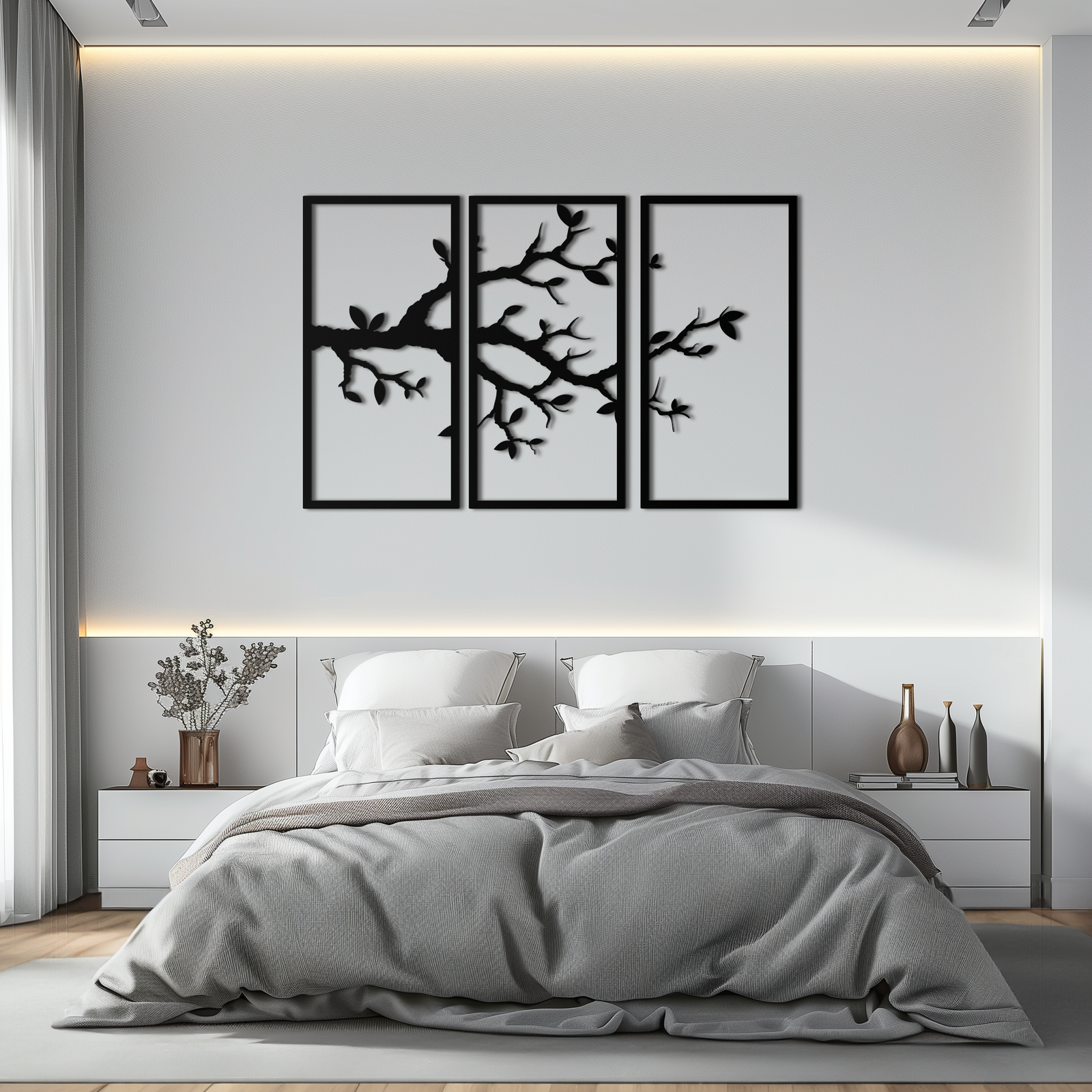 Branch Metal Duvar Sanatı – 3 Panel Minimalist Ağaç Tasarımı - KAF218