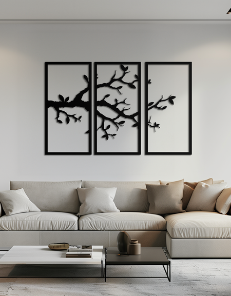 Branch Metal Duvar Sanatı – 3 Panel Minimalist Ağaç Tasarımı - KAF218