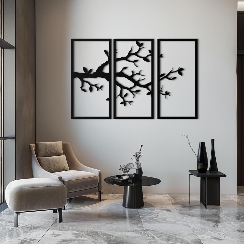 Branch Metal Duvar Sanatı – 3 Panel Minimalist Ağaç Tasarımı - KAF218