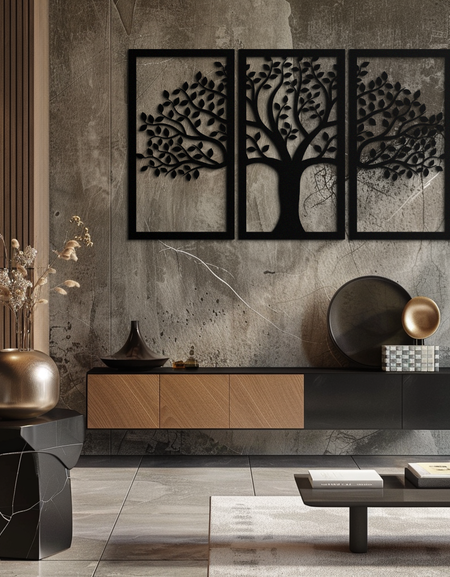 Hayat Ağacı Metal Duvar Sanatı – 3 Panelli Doğa Dekoru - KAF221