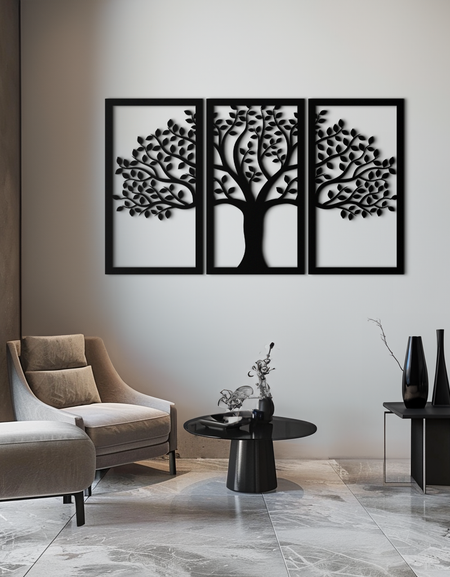 Hayat Ağacı Metal Duvar Sanatı – 3 Panelli Doğa Dekoru - KAF221