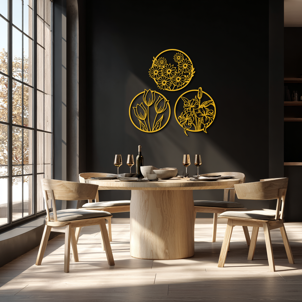 Floral Harmony Metal Wall Art - Set of Three Elegant Botanical Designs - KAF223