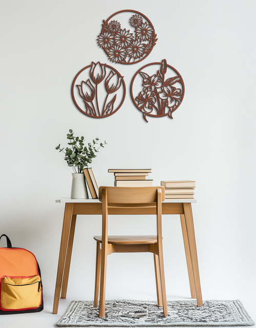 Load image into Gallery viewer, Floral Harmony Metal Wall Art - Set of Three Elegant Botanical Designs - KAF223
